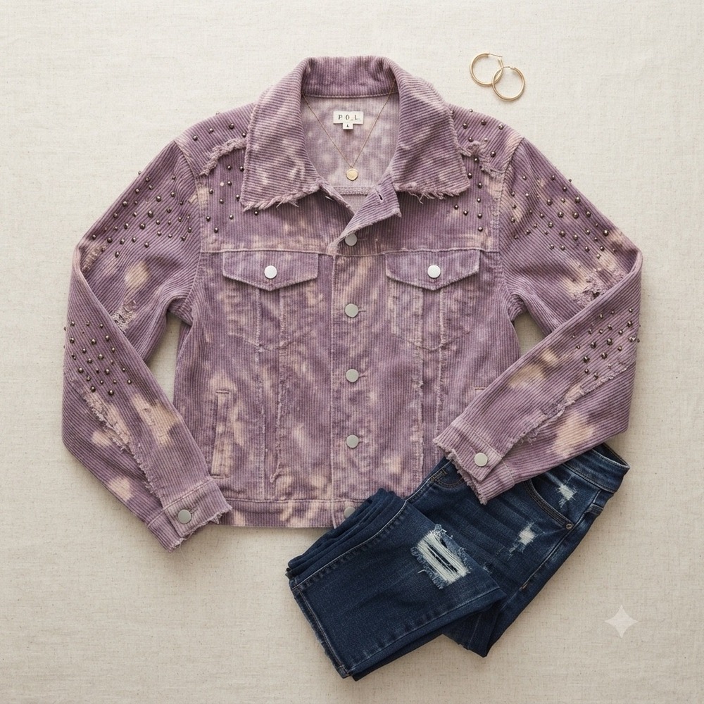 POL Corduroy Jacket Women Small Purple Acid Wash Studded Distressed Edgy Boho